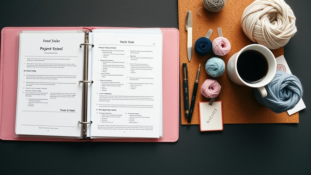 Overhead flat lay of organized crochet supplies: pattern binder with dividers, project notebook, yarn samples pinned to cork board, coffee cup nearby, minimalist aesthetic