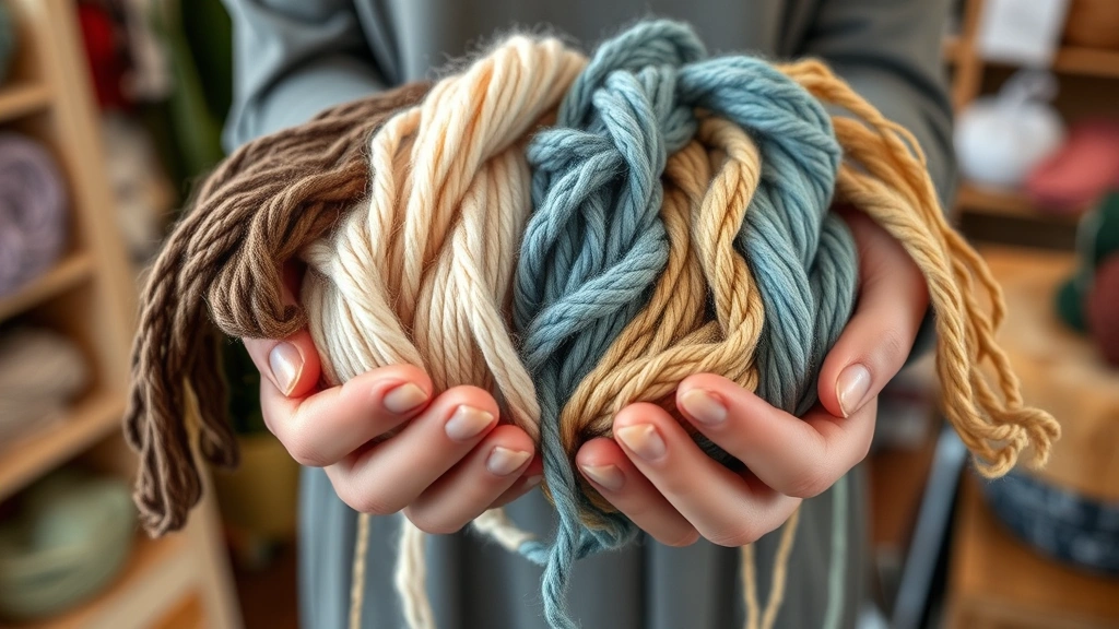 Close-up of hands holding various colorful yarn skeins, showing different textures and weights from thin to thick, natural lighting in a cozy craft room