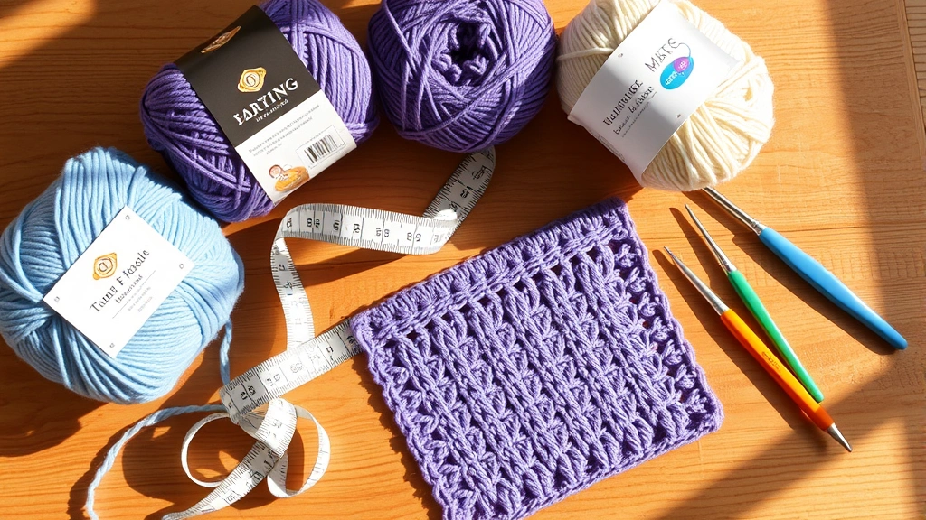 Flat lay of yarn labels, measuring tape, crochet hooks, and a gauge swatch on a wooden table with warm sunlight