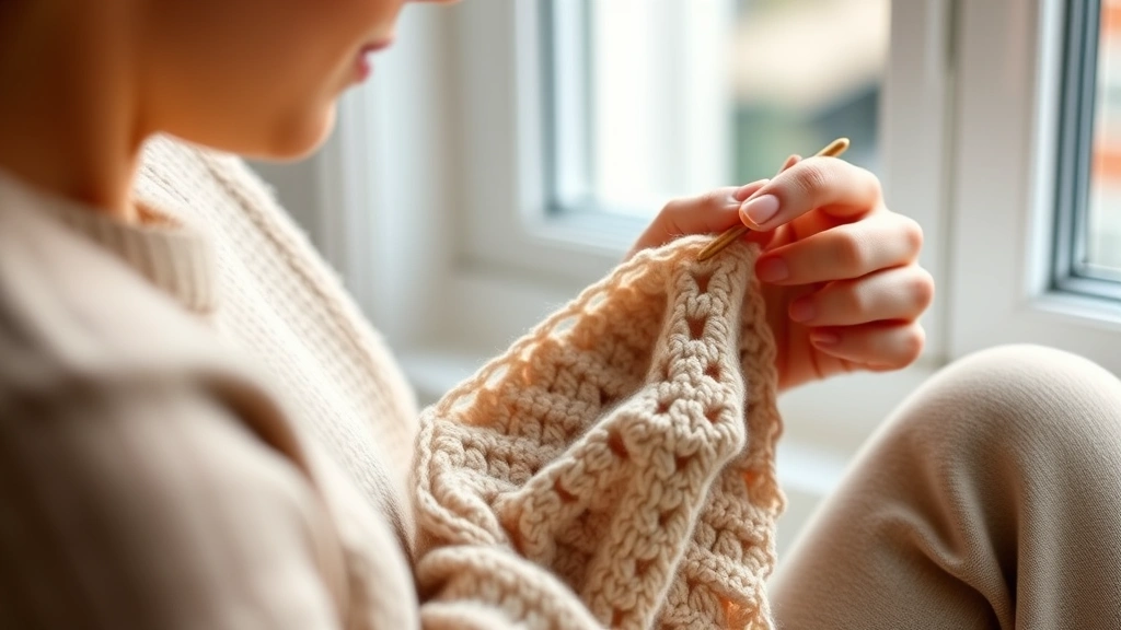 Person crocheting with worsted weight yarn, showing clear stitch definition and comfortable hand position, soft natural light from window