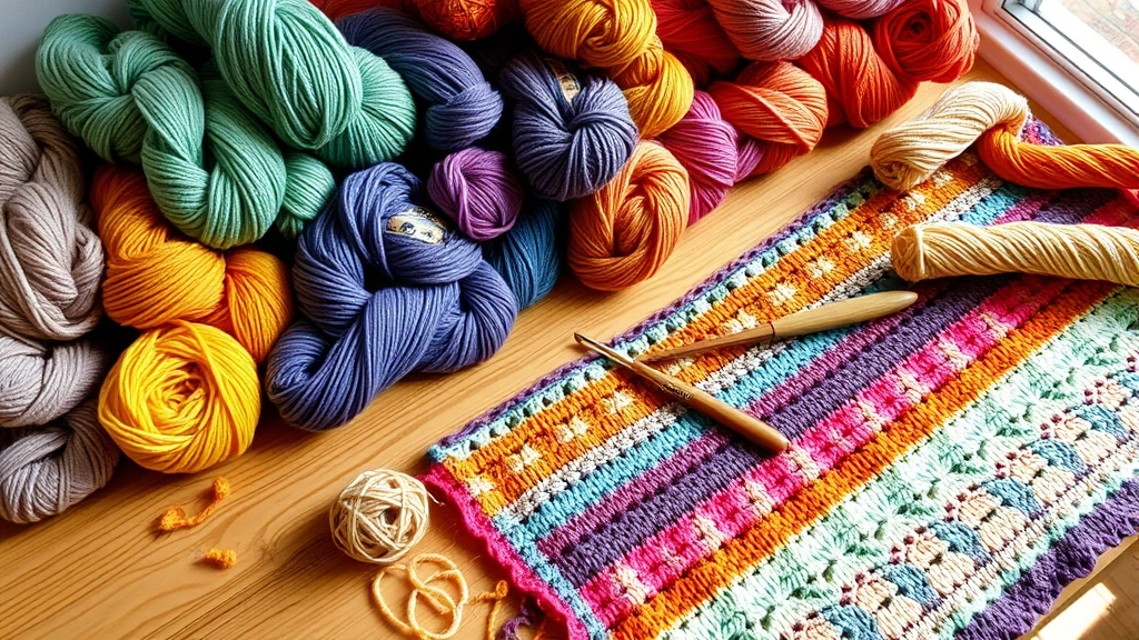 Colorful yarn skeins arranged on a wooden table with a crochet hook and work-in-progress blanket, natural daylight, cozy fiber arts workspace