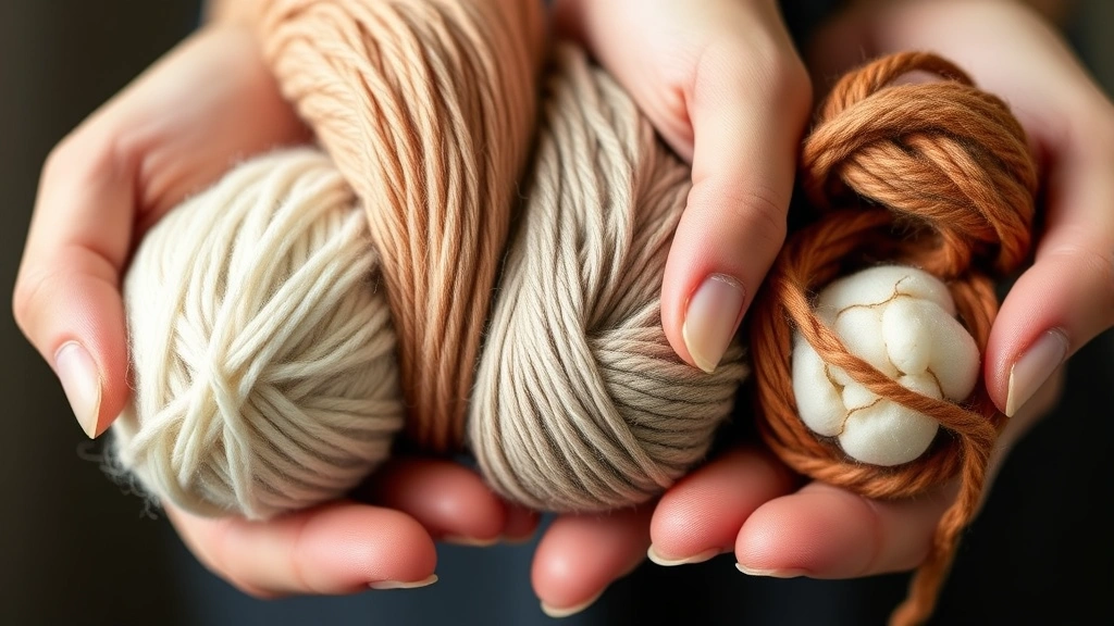 Close-up of hands holding different yarn textures and weights side by side, showing merino wool, acrylic, and cotton yarn samples