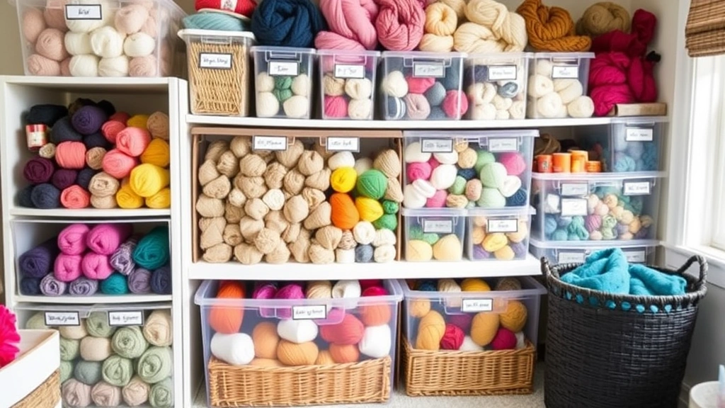 Organized yarn stash in clear bins and baskets showing various colors and weights, home craft room with good lighting and labeled containers