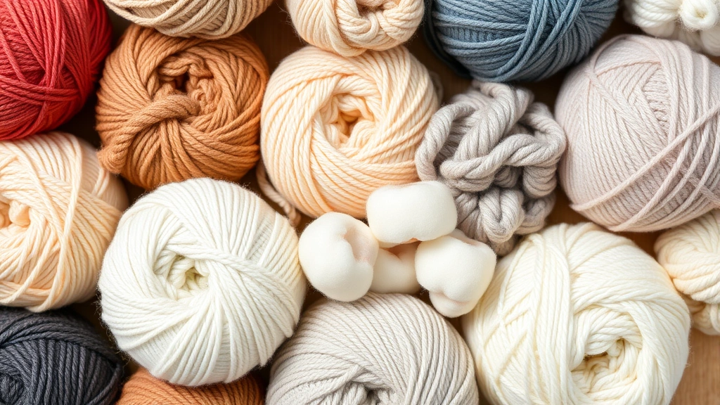 Close-up flat lay of various yarn balls in different textures and weights—smooth acrylic, fuzzy alpaca, crisp cotton, soft merino—arranged artfully without labels visible