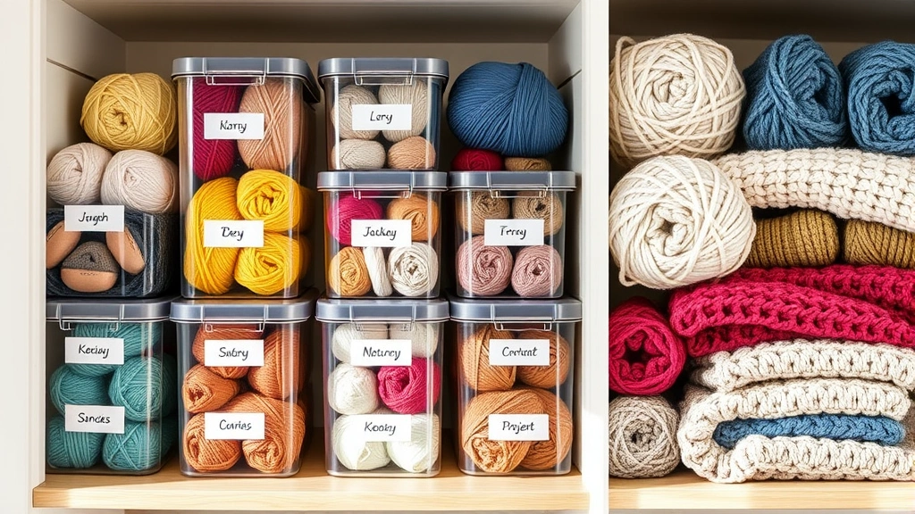 Cozy organized shelf with labeled clear storage containers of rolled yarn in various colors, finished crochet projects displayed alongside in natural home lighting