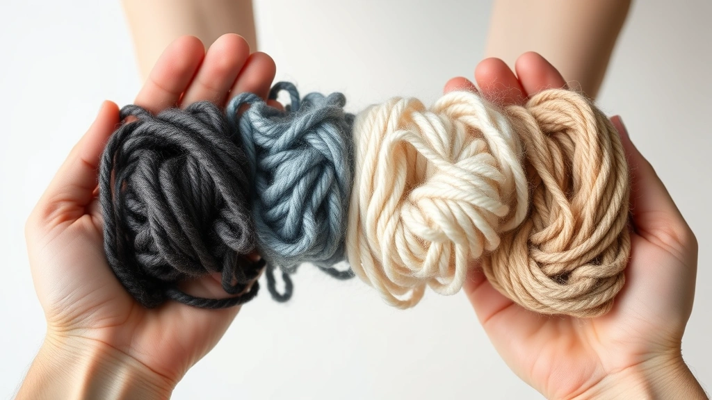 Hands holding different yarn samples showing texture comparison—silky, bumpy, fuzzy, smooth—natural daylight highlighting fiber characteristics
