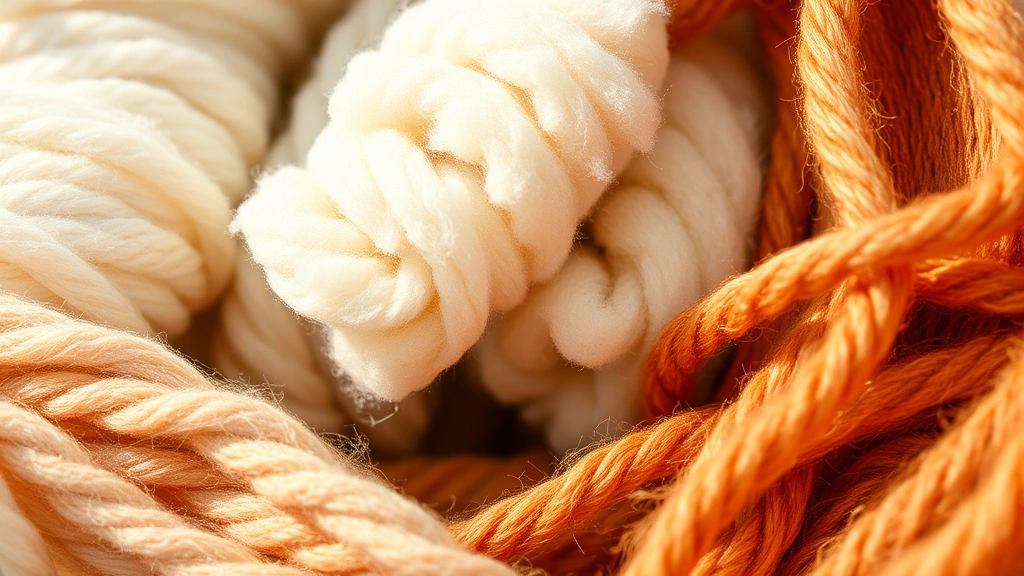 Close-up of different yarn fibers showing texture variations from smooth cotton to fuzzy wool and shiny acrylic in natural lighting