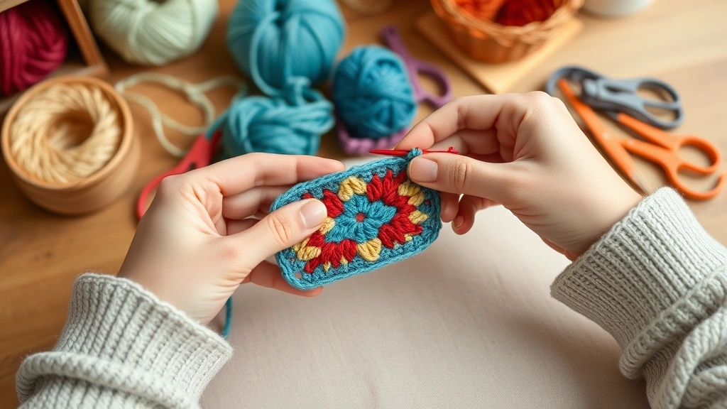 Hands working on a crochet project with colorful yarn, showing the creative process and crafting joy in a cozy workspace