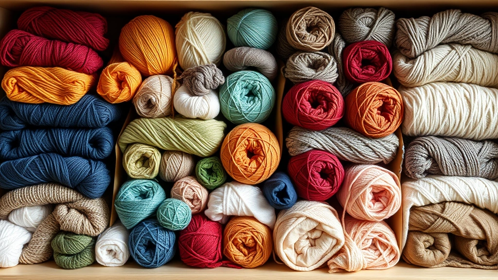 Organized yarn stash with multiple colors and weights neatly displayed, showing variety of textures and fibers for different projects