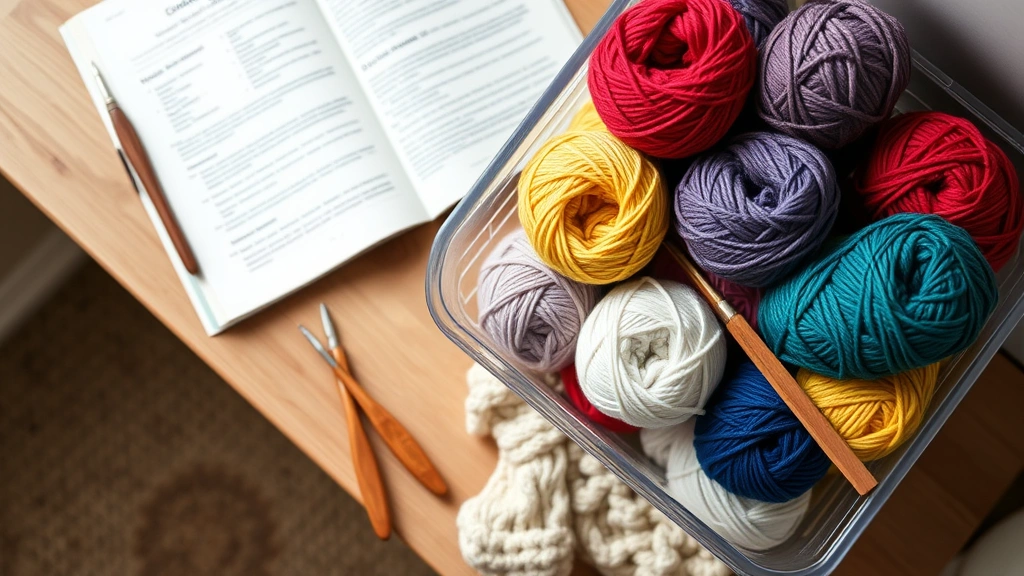 Colorful yarn skeins organized in a clear storage basket next to an open crochet pattern and a pair of wooden crochet hooks on a cozy workspace