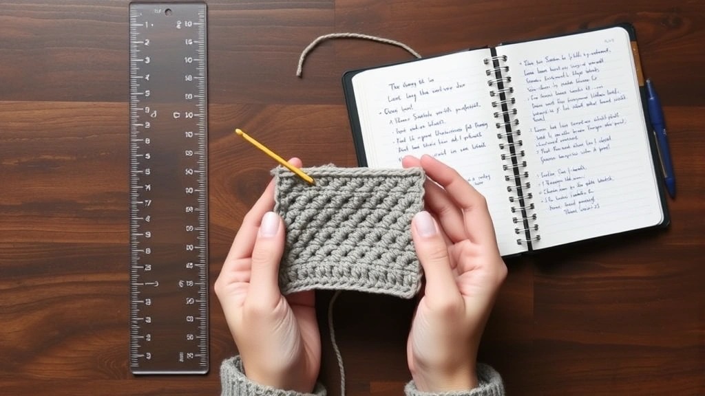 Hands holding a completed crochet gauge swatch next to a measuring ruler and project notebook with notes, showing the planning process