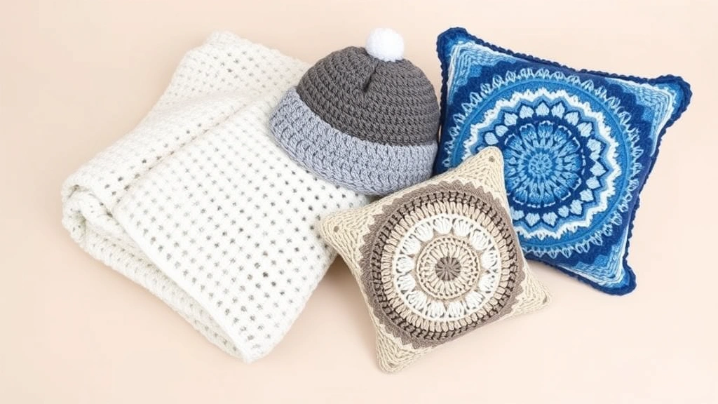 Finished crochet projects displayed together: a folded blanket, a handmade hat, and a decorative pillow arranged on a neutral background