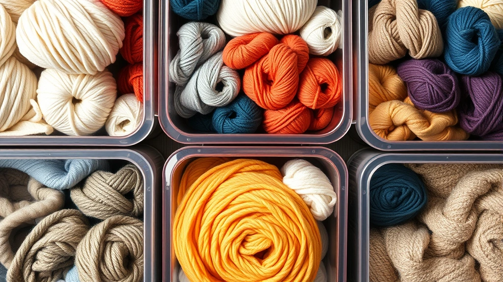 Close-up of organized yarn stash in clear storage bins sorted by color and weight, natural lighting showing texture and vibrant colors, flat lay perspective