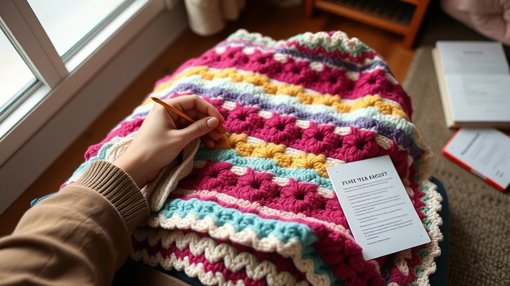 Woman's hands crocheting a colorful blanket in progress on her lap, natural daylight, cozy home setting with project notes visible nearby