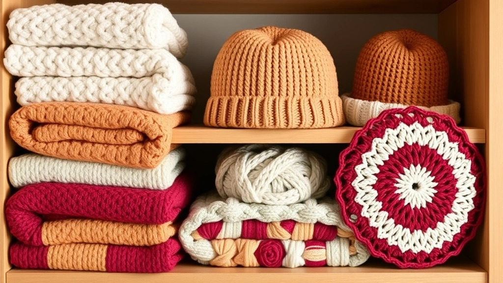 Completed crochet projects displayed on a shelf: folded blankets, finished hats, and woven decorative pieces in warm neutral and jewel tones