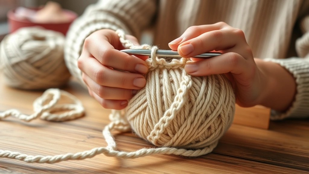 Close-up of a crocheter's hands holding a metal size H hook with a ball of cream-colored worsted weight acrylic yarn on a wooden table, soft natural lighting, cozy craft room setting