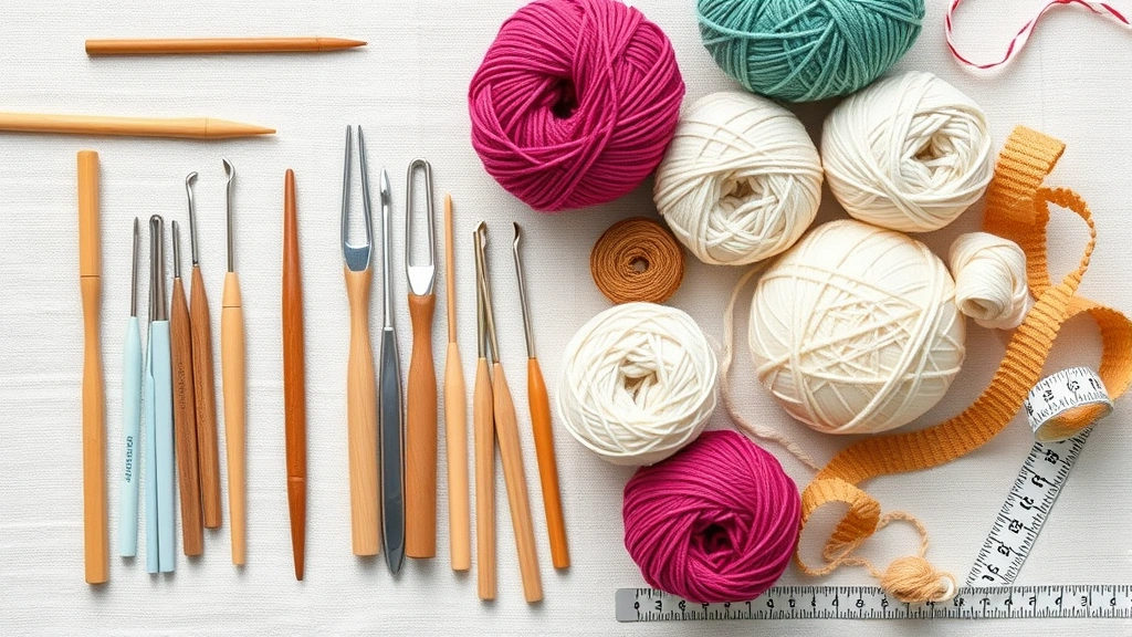 Overhead flat lay of various crochet hooks (bamboo, aluminum, wooden) next to yarn skeins in different weights and colors, organized on a light linen background with a measuring tape visible
