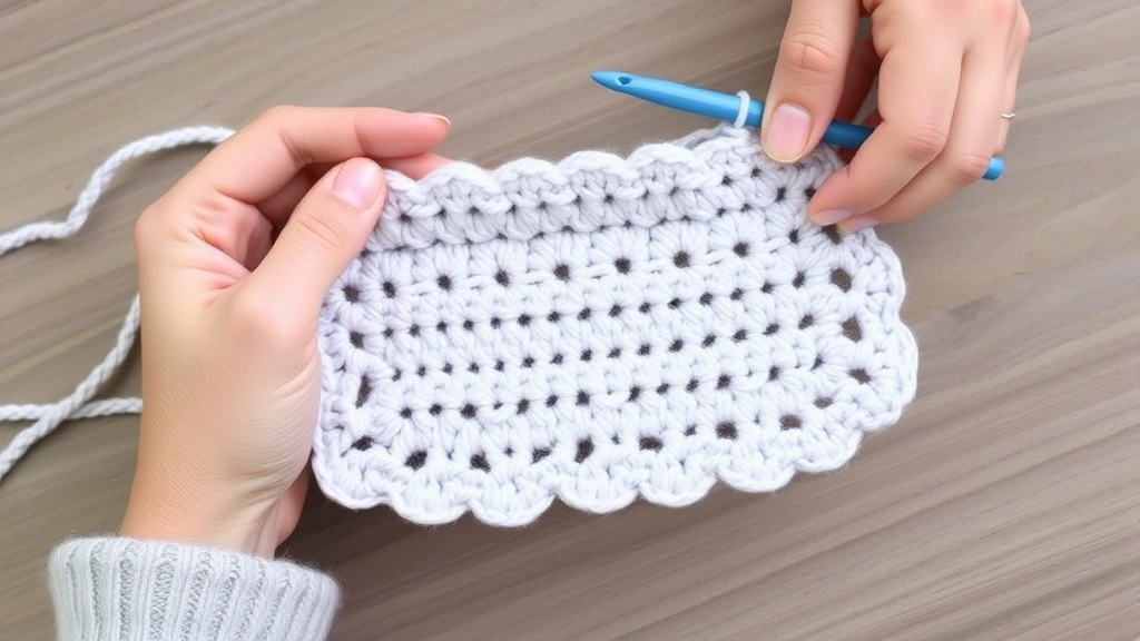 Person's hands working on a simple single crochet dishcloth with worsted weight yarn, showing even tension and clear stitches, midway through the first project, natural daylight
