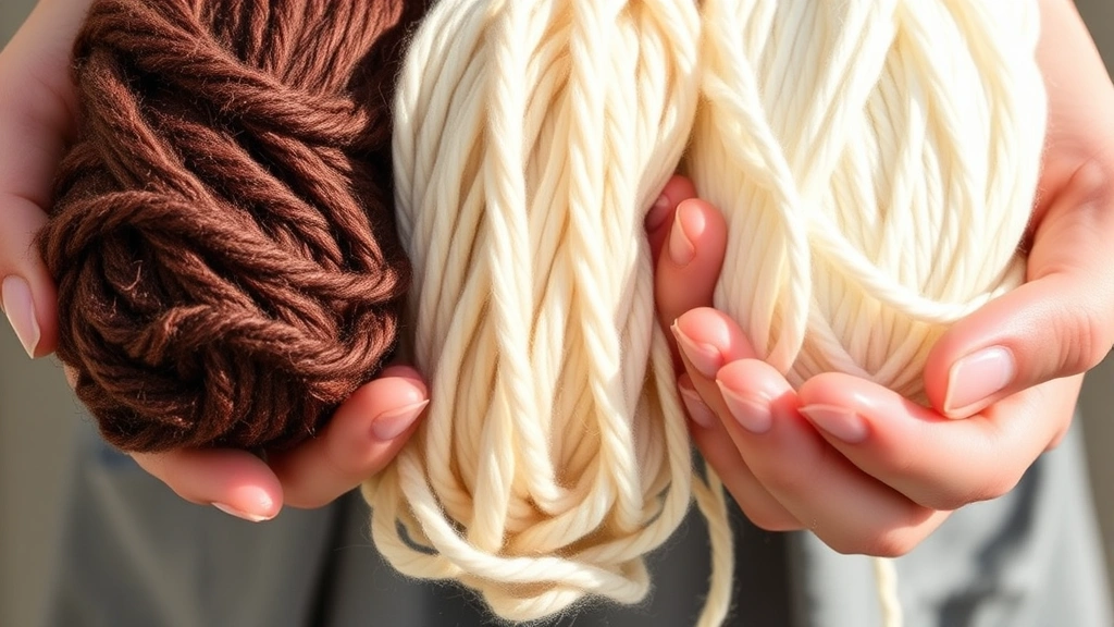 Close-up of hands holding different yarn textures side by side—wool, cotton, acrylic—showing color and fiber differences in natural daylight