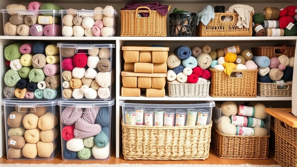 Organized yarn stash in clear storage bins and baskets, colorfully sorted by type and weight, cozy craft room aesthetic