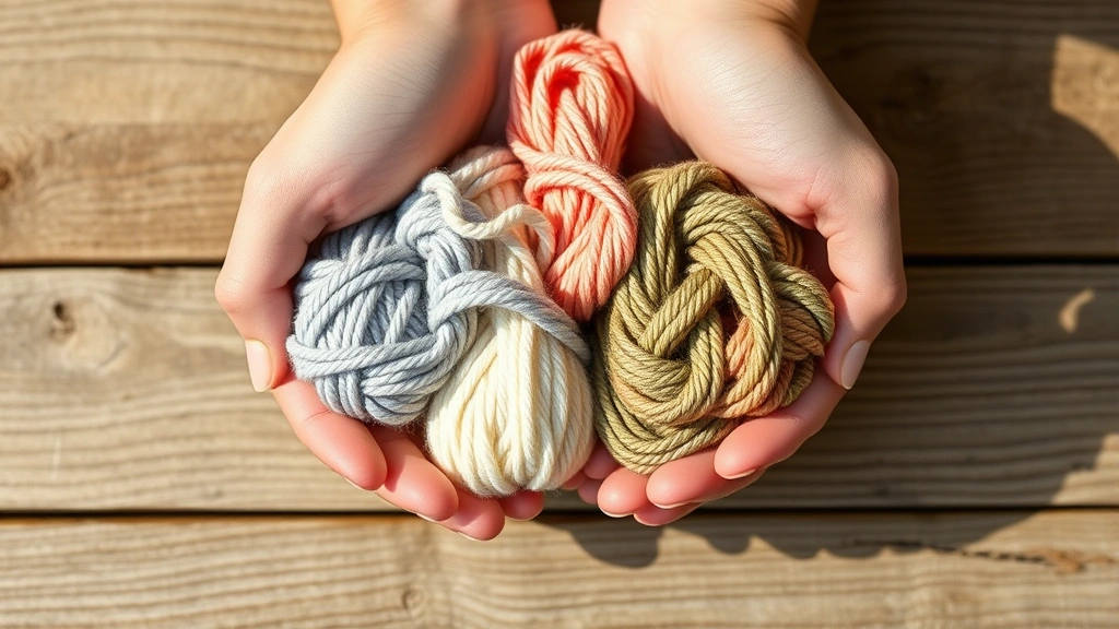 Close-up of hands holding multiple colorful yarn balls in natural daylight, showing different textures and weights side by side on a wooden surface