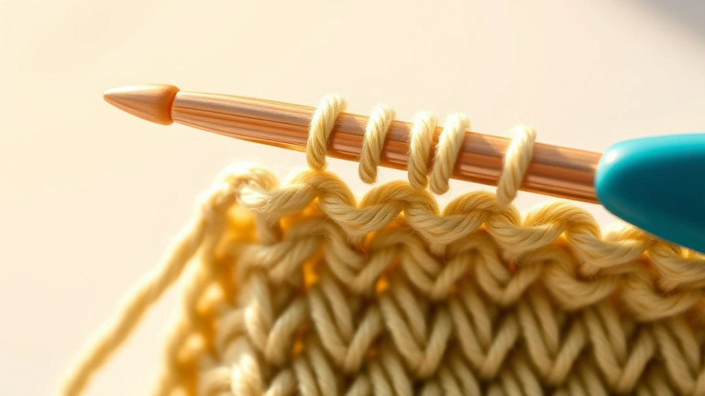 Detailed macro shot of crochet stitches in progress on a hook, showing yarn texture and stitch definition in warm natural light