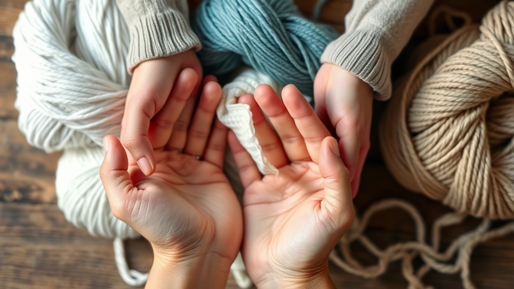 Close-up of hands holding different yarn textures - smooth acrylic, soft wool, and cotton blend skeins arranged on a wooden table with natural lighting