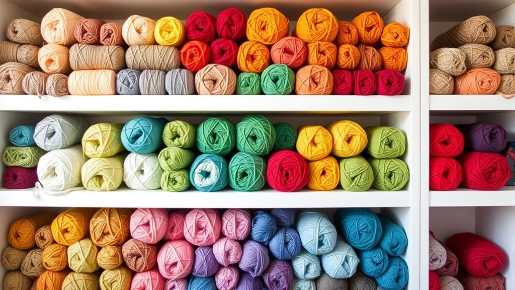 Colorful array of yarn balls in various weights stacked on white shelves, showing progression from thin fingering weight to thick bulky weight, organized by color