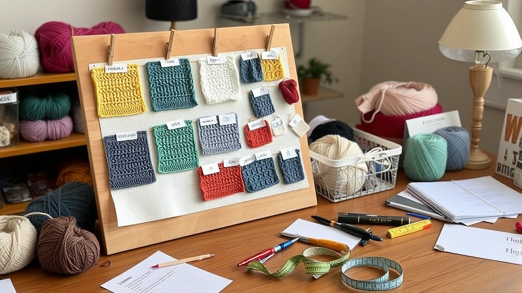 Crocheter's workspace with finished swatch samples pinned to a board, yarn labels visible, crochet hooks, measuring tape, and notes scattered naturally on a craft table
