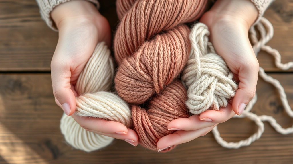 Close-up of hands holding three different textured yarn skeins—one smooth worsted weight, one fuzzy bulky, one delicate fingering weight—arranged on a wooden table with natural lighting