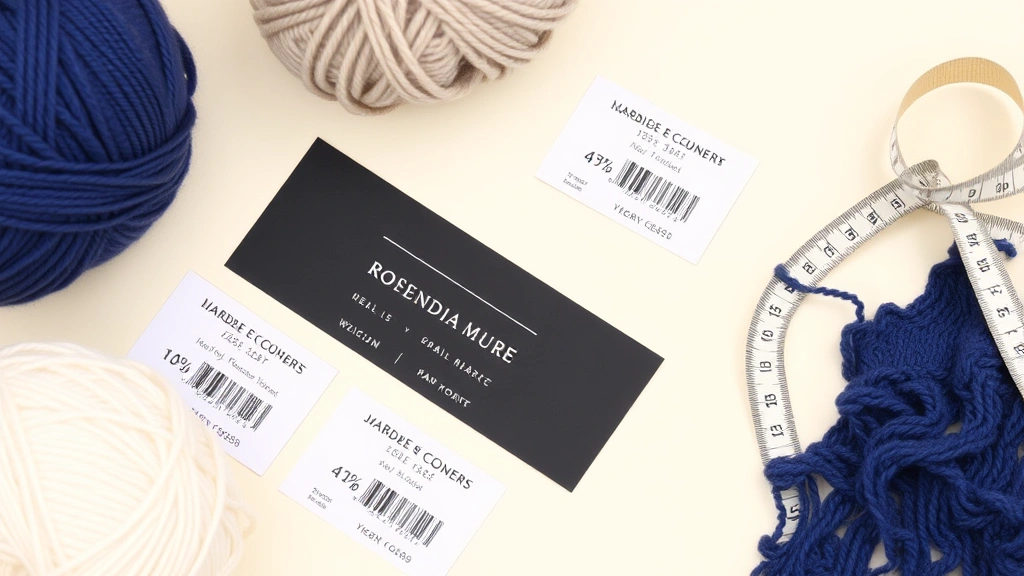 Flat lay of yarn labels showing weight numbers and fiber content percentages, with a measuring tape and gauge swatch nearby on a cream-colored background