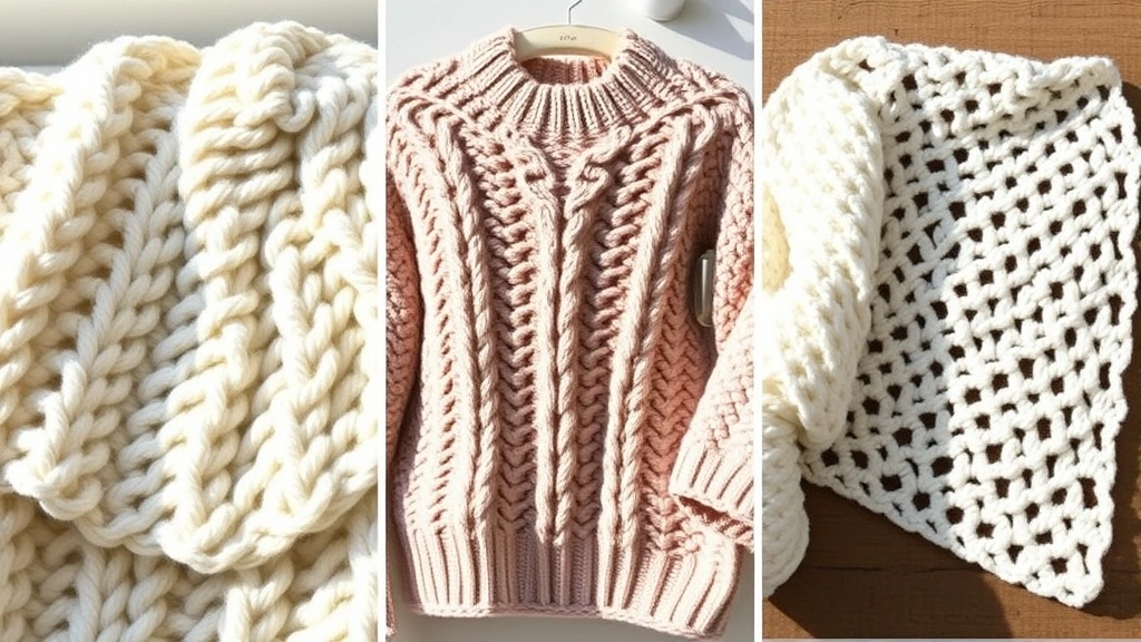 Finished crochet projects in different yarns side-by-side: acrylic blanket, wool sweater, and cotton dishcloth, showing texture and drape differences in natural daylight
