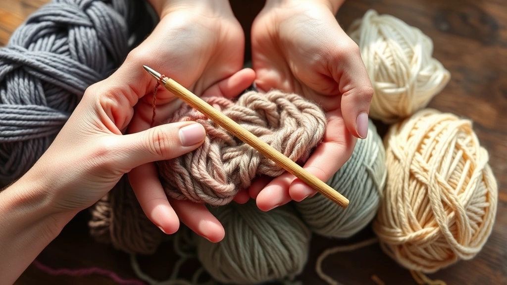 Close-up of hands holding colorful yarn skeins and a crochet hook, showing different yarn textures and weights arranged on a wooden table with natural lighting
