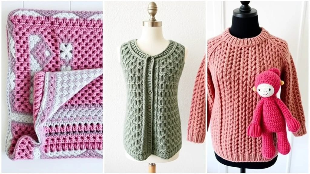 Finished crochet projects displayed together: a folded blanket, a fitted sweater on a dress form, and a small stuffed amigurumi, showcasing different stitch types and yarn choices