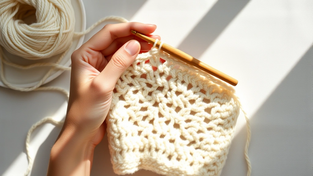 Close-up overhead shot of hands holding a crochet hook working on a light cream-colored dishcloth in progress, yarn and wooden hook visible, natural daylight streaming across the work