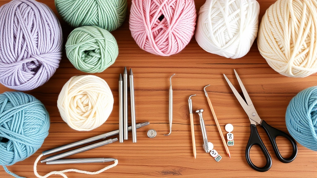 Flat lay arrangement of beginner crochet supplies: aluminum hooks in different sizes, balls of worsted weight yarn in soft colors, scissors, yarn needle, and stitch markers on a wooden table with warm lighting