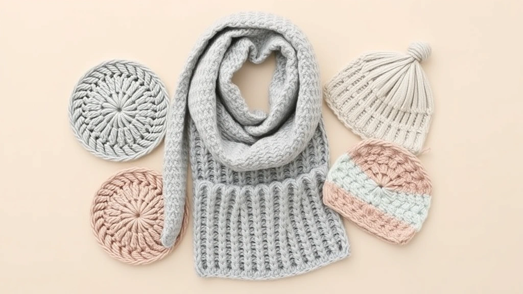 Finished beginner crochet projects displayed together: a coaster set, small dishcloths, a simple scarf, and a beanie arranged on a soft neutral background, handmade items showing real texture and craftsmanship