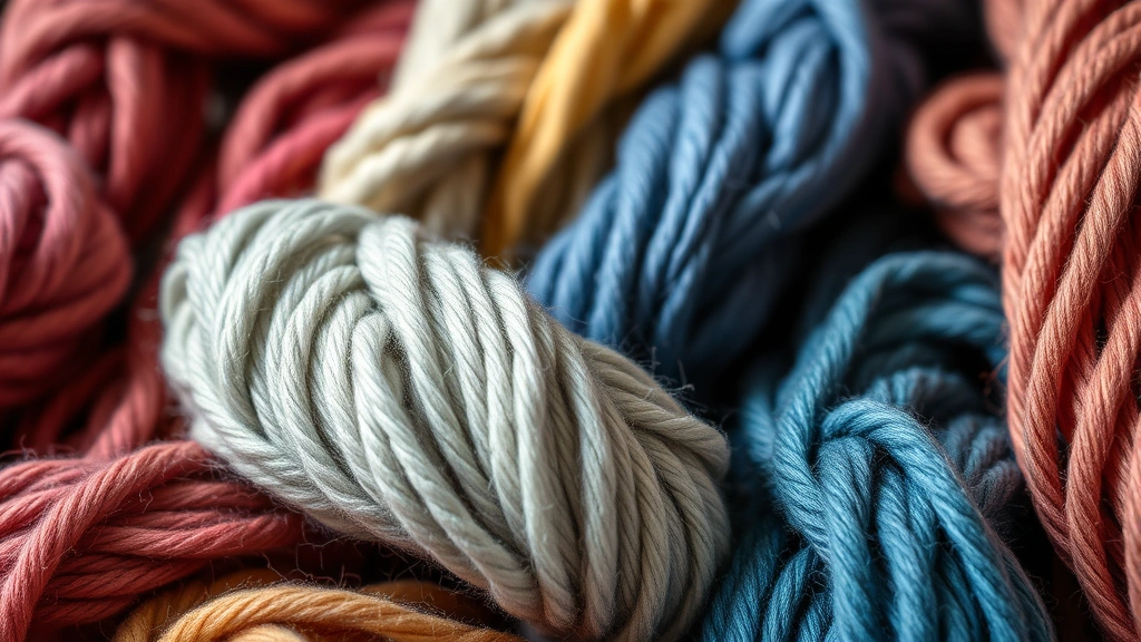 Close-up of various colorful yarn skeins arranged together showing different textures and weights, soft natural lighting, fiber arts workspace