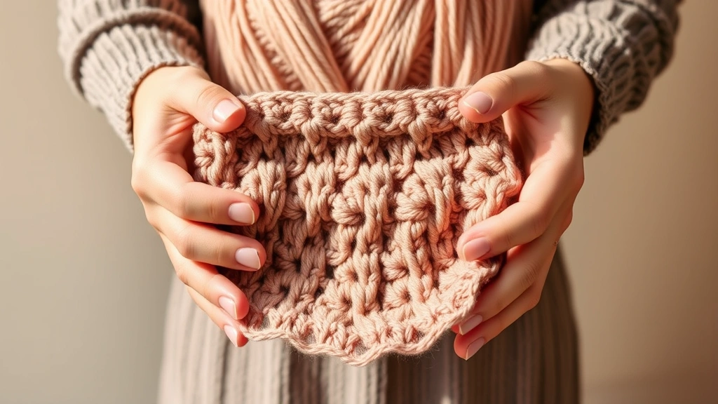Hands holding a crocheted swatch against soft yarn, showing stitch definition and drape, neutral background with warm daylight