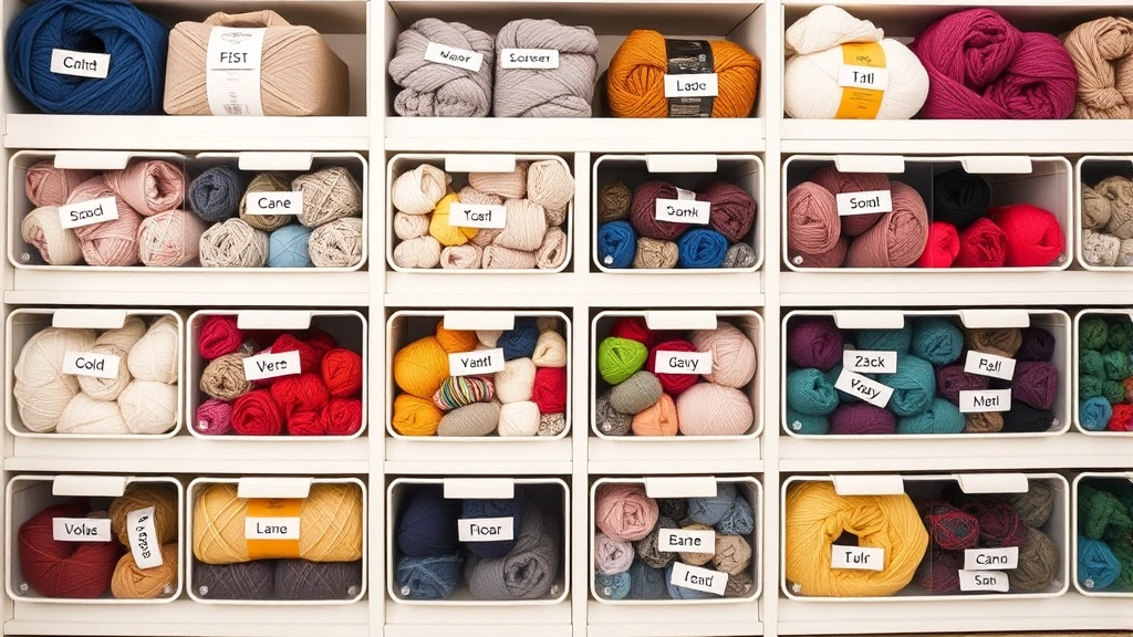 Organized yarn storage with labeled bins showing different yarn weights and colors, practical home craft room organization, natural lighting