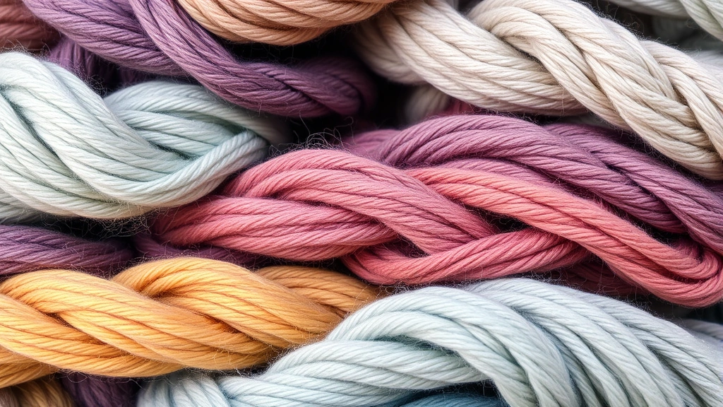 Close-up of colorful yarn skeins in various weights and textures stacked together, natural lighting showing different fiber types like wool, cotton, and acrylic in soft focus
