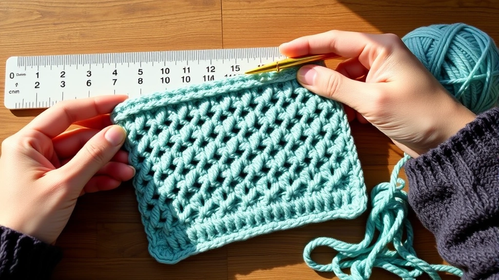 Crocheter's hands holding a completed gauge swatch next to a measuring ruler, showing stitch definition and texture with yarn ball nearby, warm natural light