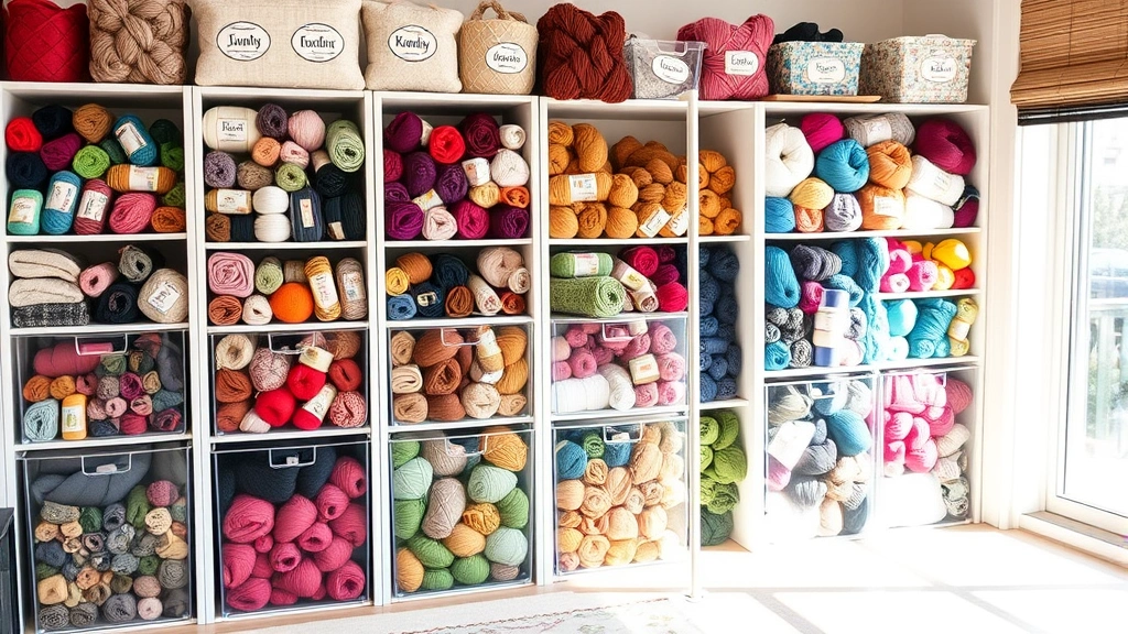 Organized yarn stash in clear storage containers showing multiple colors and weights, displaying proper yarn storage in a bright craft room with natural daylight