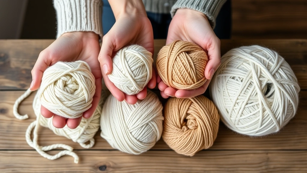 Close-up of hands holding different yarn weights arranged from thin to thick, showing DK, worsted, bulky, and super bulky yarn balls in various natural colors on a wooden table with natural daylight