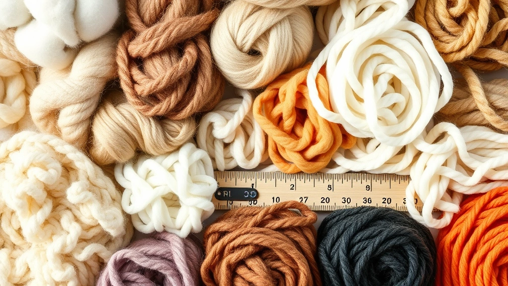 Detailed overhead shot of various yarn fiber samples including wool, cotton, acrylic, and blended fibers arranged in small coiled piles with a measuring ruler, showing texture differences in natural lighting