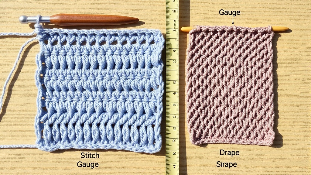 Crochet work-in-progress with a small gauge swatch pinned next to the main project, showing stitch definition and drape differences in natural light with a measuring tape visible