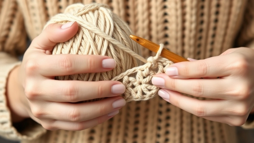 Close-up of a crocheter's hands working with a ball of worsted weight yarn in a neutral cream color, showing clear stitch definition on a partially completed project with a wooden crochet hook