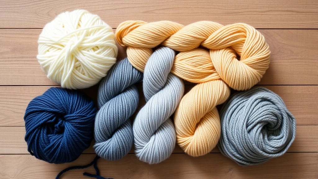Flat lay of five different yarn skeins in varying weights and colors arranged on a wooden table, including fuzzy texture, smooth finish, and matte fibers to show yarn diversity