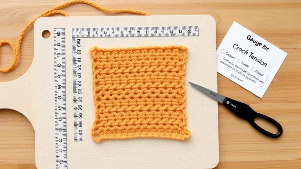 Overhead view of a completed gauge swatch pinned to a blocking board with a measuring ruler and gauge card nearby, showing how to measure crochet tension for pattern accuracy