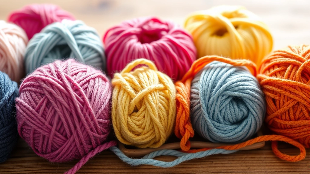 Close-up of colorful yarn balls arranged by weight from thin to thick, showing texture and fiber detail, natural lighting on wooden surface